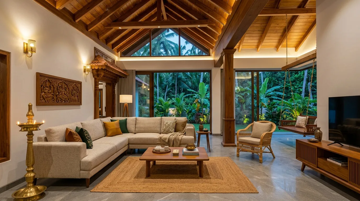 Tropical modern Kerala home interior designed by Homeland Interiors